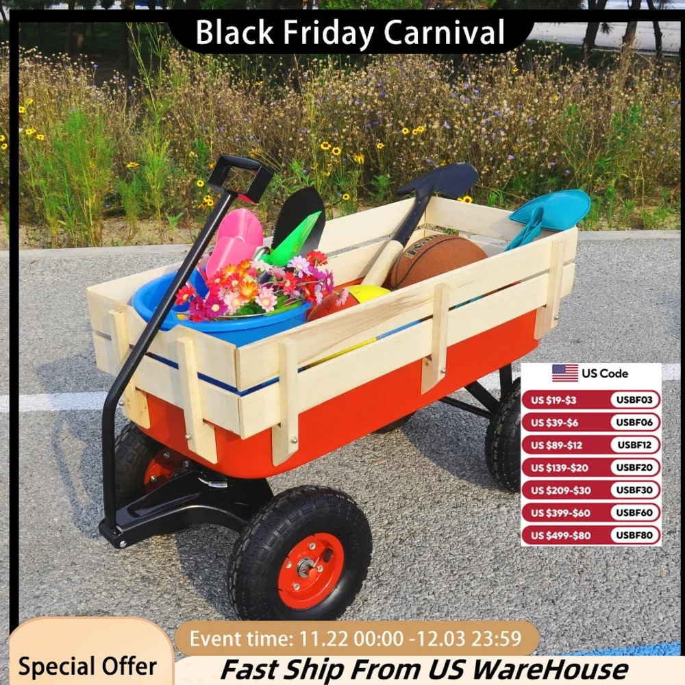 Garden Cart Utility Wagon, 176 LBS  Capacity,Garden Wagon Pulling Cart with Wood Railing Folded Handle for Garden Farm Orchard