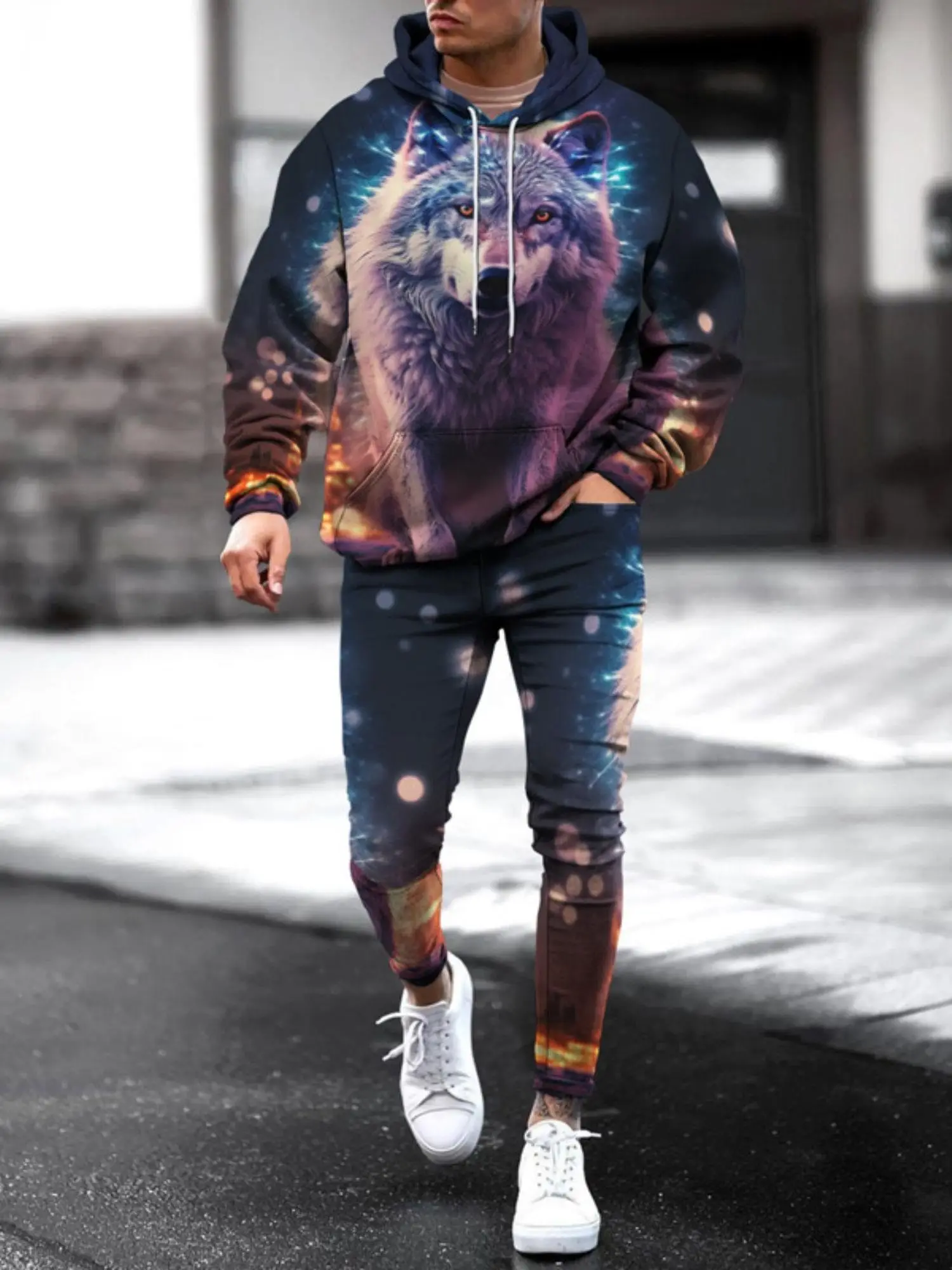 Men\'s 3D Printed Novel Wolf Hoodie Set Adult Two piece Sportswear Sweatshirt Casual Street Sweatpants Suit Men Women Universal