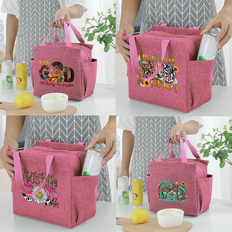 

GOD Letter Printed Insulated Lunch Bag with Built-in Waterproof Refrigerated Ice Bag and Large Capacity Commuting Storage Bag