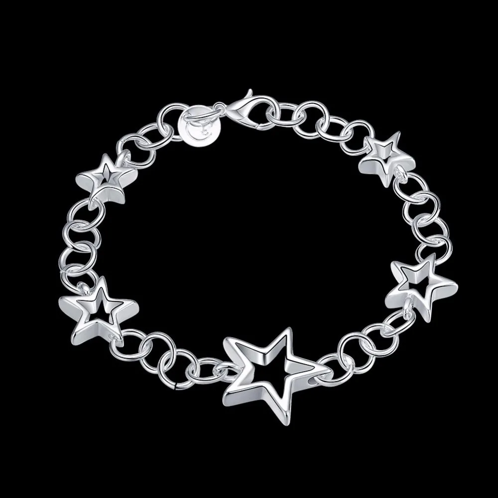 Lekani 1pcs 925 stamp silver color Hollow Star Bracelets & Bangles New Fashion Pentagram Bracelet For Women Cuff Party Gift