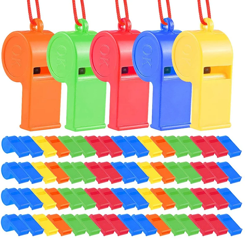 Neon Plastic Whistles with Lanyards Colorful Fun Noise Making Whistles for Party Sports Party Favors 5 Colors Outdoor Kids