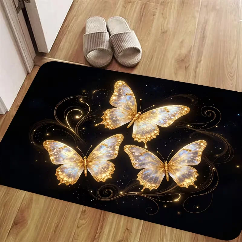 Bright Multicolor Butterfly Wildflower Doormat Black Background Vibrant Insect Floral Print Non Slip Front Door Mat For Entryway