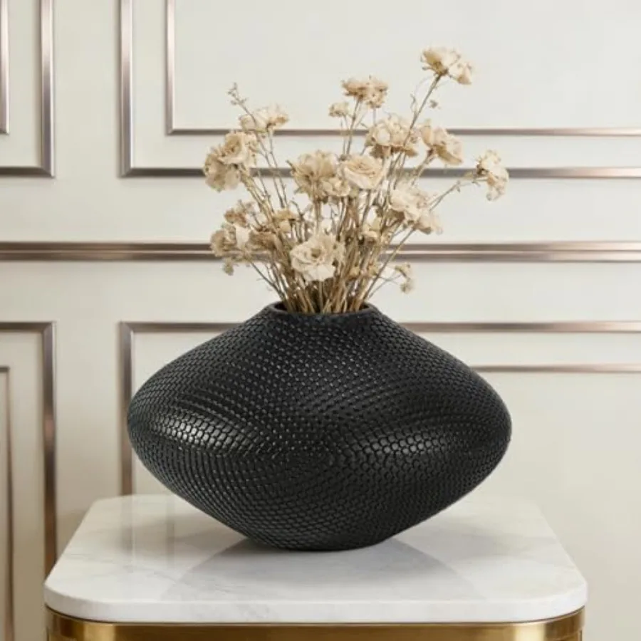 Modern minimalist oval flower vase for living room bedroom bathroom kitchen entryway home office decor; textured black matte re