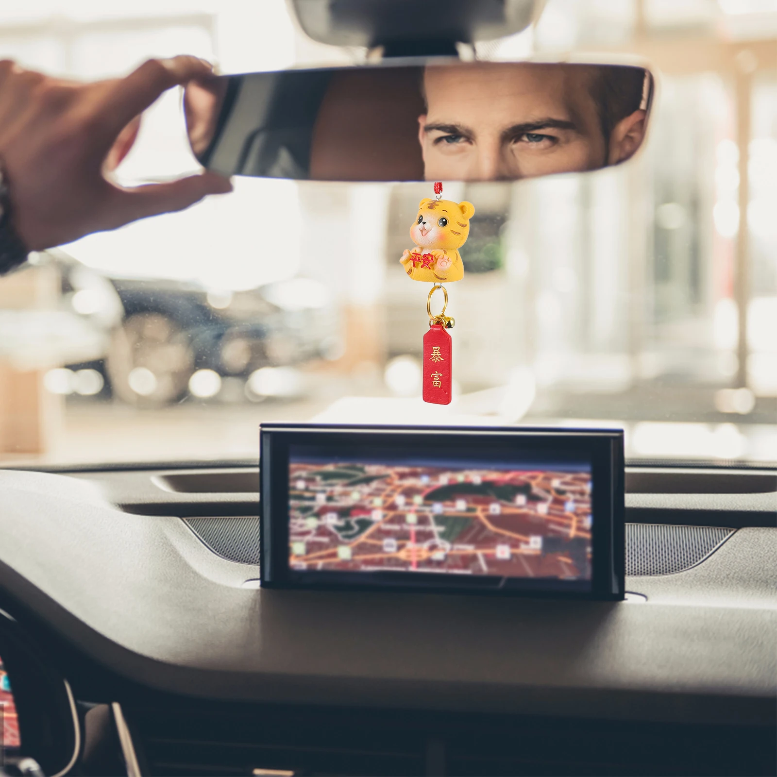 

1Pc Car Hanging Ornament Resin Luck Tiger Mascot Charm Unique Design Rearview Mirror Pendant Decoration