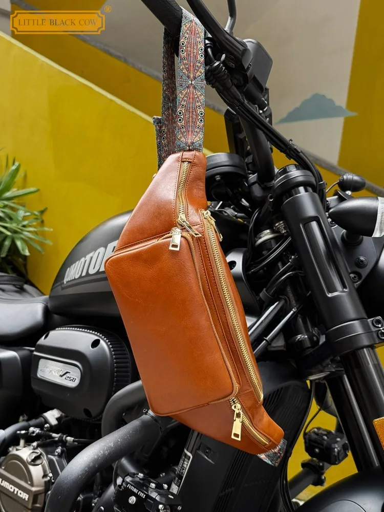 Casual Men New Handmade Cowhide Genuine Leather Zipper Single Shoulder Bag Handbag Crossbody Bag Male Versatile Biker Chest Bags