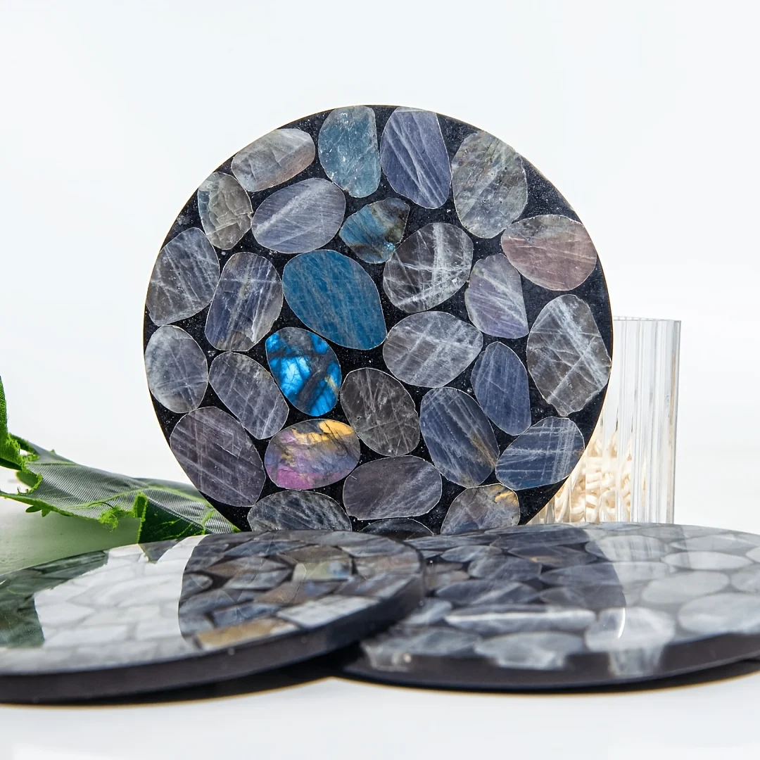 Natural Labradorite Crystal Round Coaster Carved Healing Stone Slice Reiki Chakra Balancing Altar Tool Protection Grid Plate