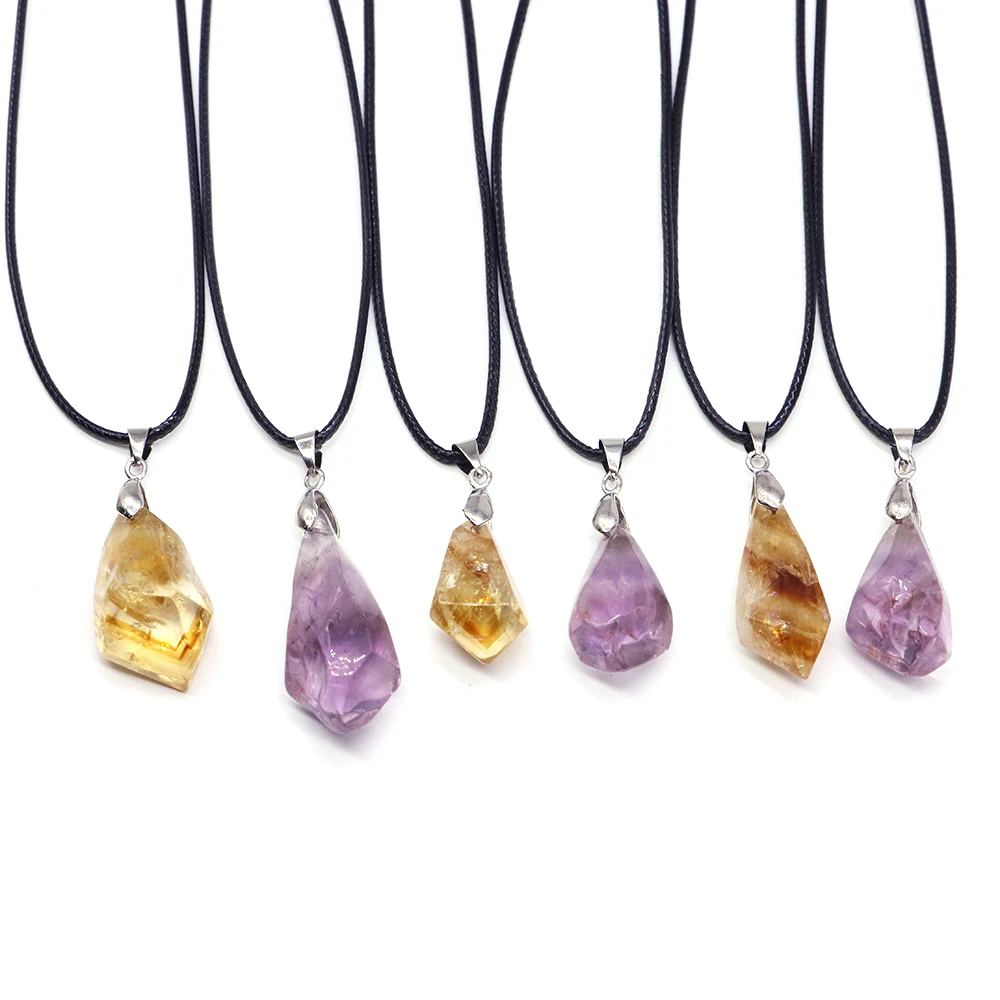 Natural Brazil Citrine Amethyst Point Irregular Shape Pendant Healing Crystals Lucky Gemstone Necklaces Jewelry Accessories Gift