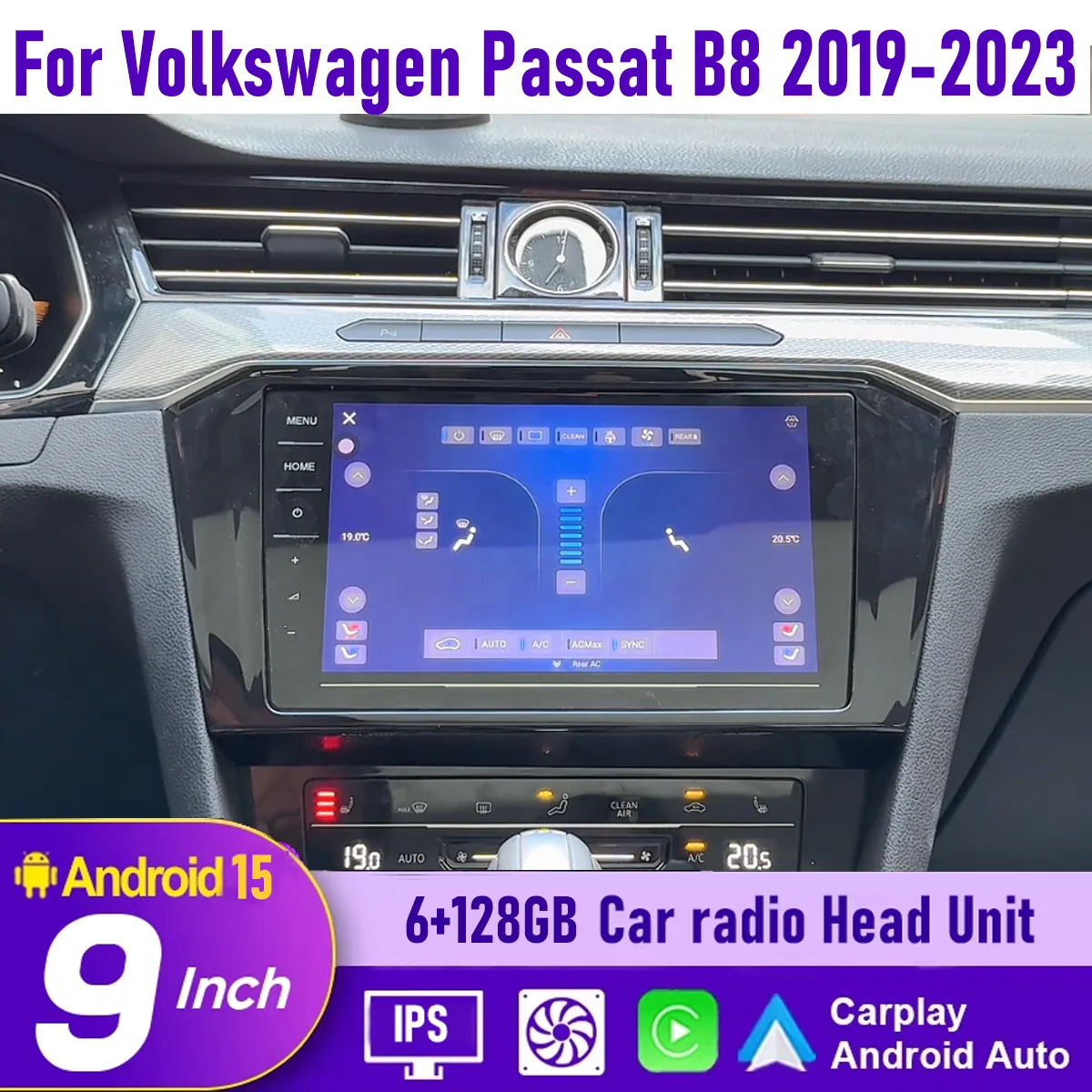 

9“ Wireless CarPlay Android auto 6-128GB (8CORE) For VW Passat B8 2019-23 MQB Radio QLED Screen Android Head Unit Navigation Car