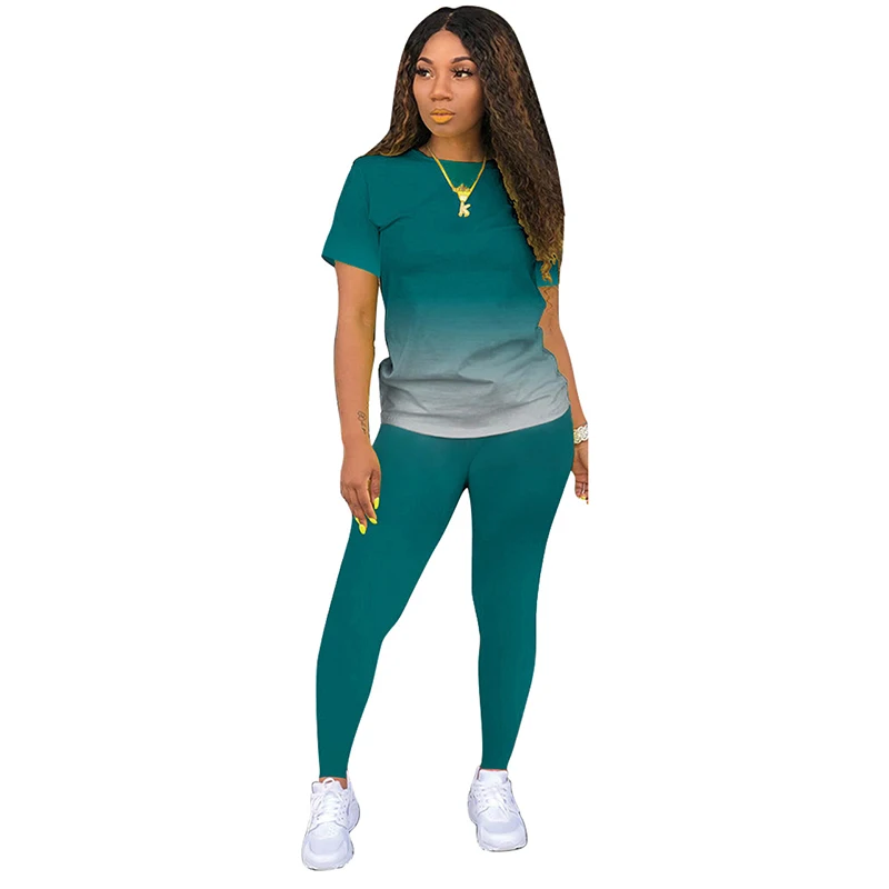 Women Tracksuit Spring Summer Gradient T-Shirt and Pants 2 Piece Set Short Sleeve Fashion Casual Streetwear Female Outfits