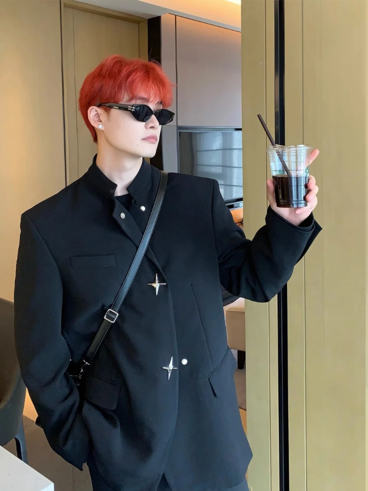 

New Men's Chinese Sle Suit Jaet Metal Bule Stand Collar Long Sve Loose Fit Autumn Faion Youth ular Outerwear