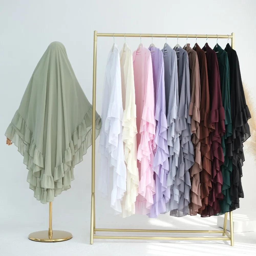 Abaya musulmane longue en mousseline de soie à volants, foulard de couleur unie, Ramadan Khimar Abaya, Robe de prière une pièce, dubaï, Robe noire saoudienne