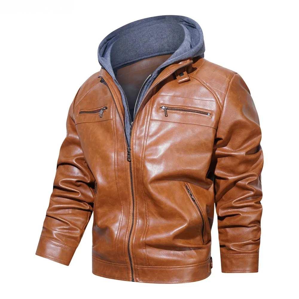 Men's leather jacket hooded solid color warm motorcycle jacket camera hombre invierno men's jacket American trendy men's