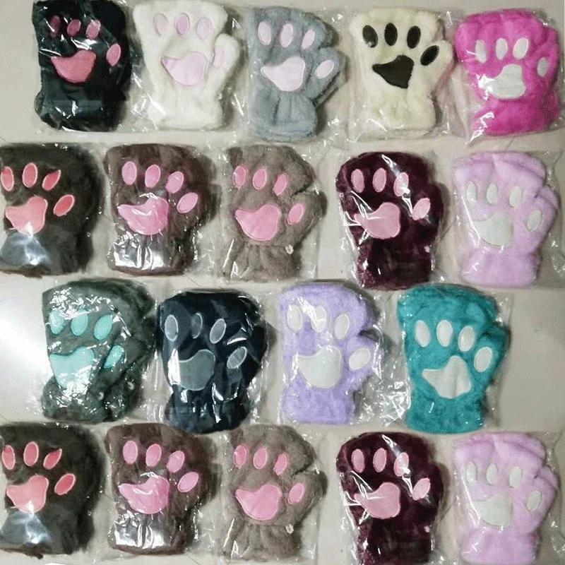 Lovely Plush Cat Claw Paw Gloves Plush Mittens Warm Soft Plush Short Fingerless Fluffy Bear Gloves Costume Half Finger Gloves