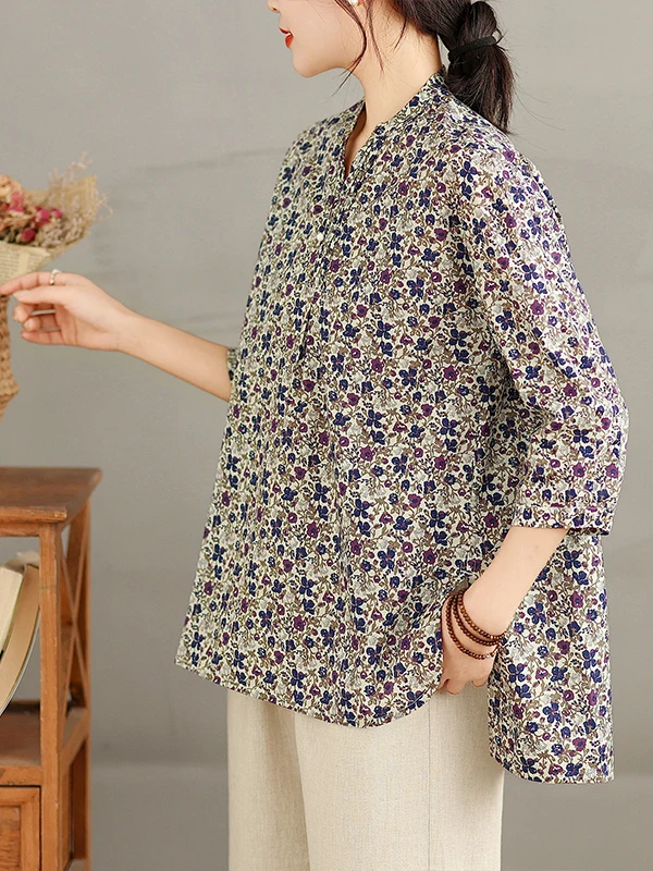 

Retro Floral Print Cotton Velvet Loose Seven Sve V-Ne Women's irt Spring Summer New Sle Casual Comfortable Top