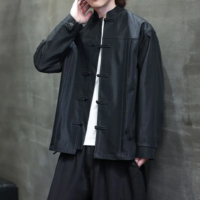 

New Chinese Sle Men's Jaet Long Sve Button up Stand Collar Retro Zhongan Coat Large Size Outerwear Autumn Winter