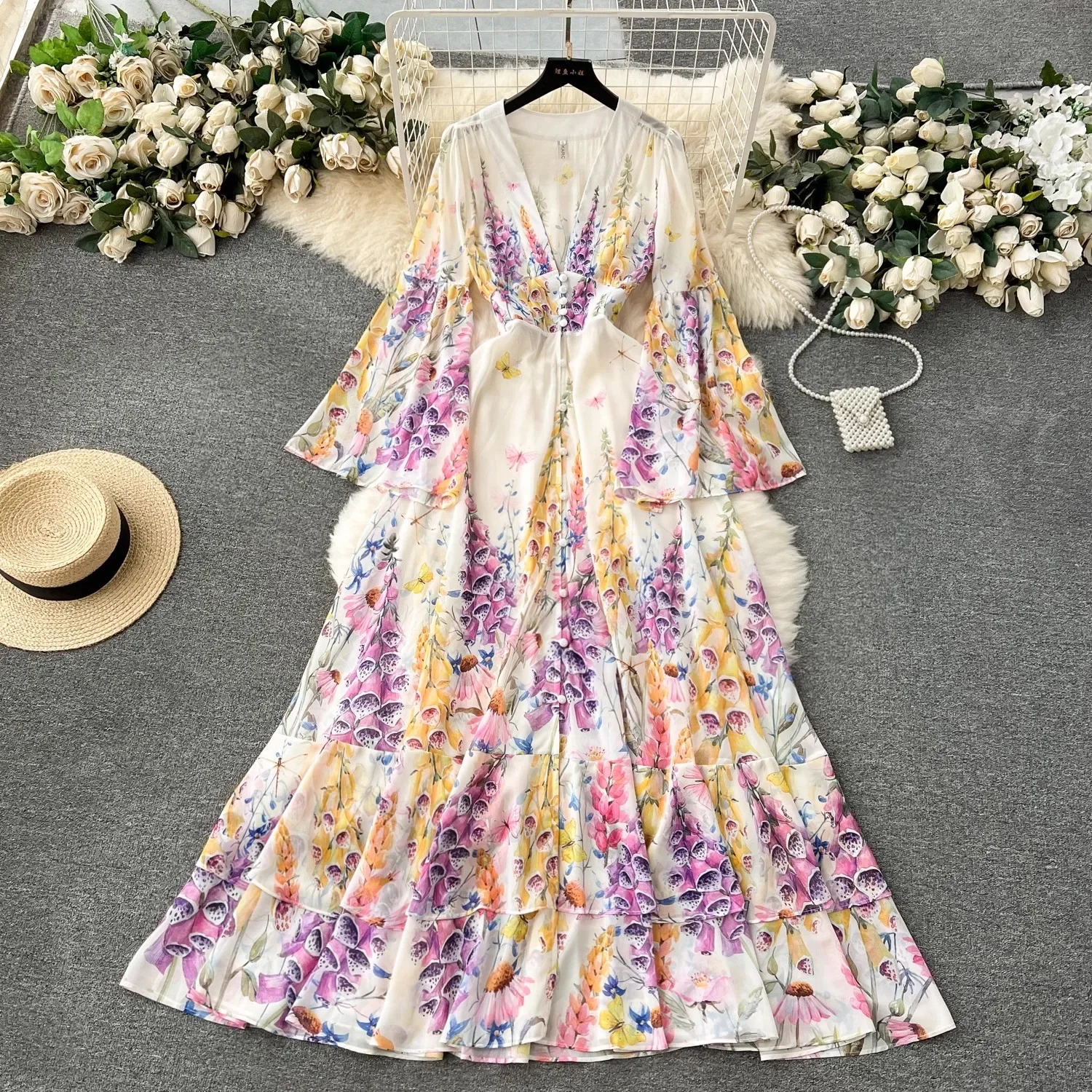 

Summer Holiday Gorgeous Cascading Cake Dress Women Flare Sleeve V Neck Flower Print Buttons Chiffon Bohemain Robe Vestidos 6230