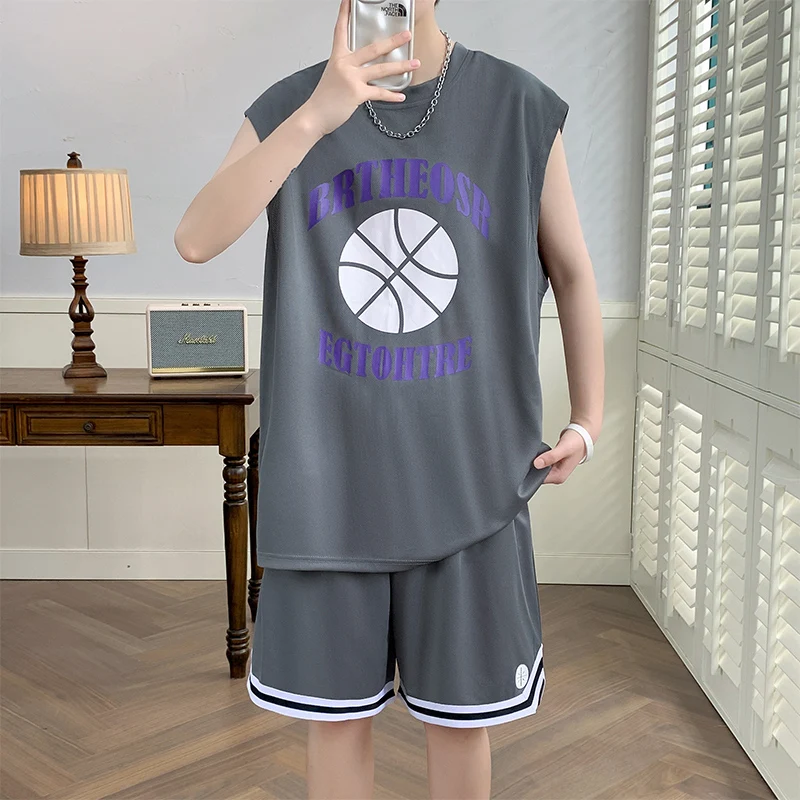 Fashion O-Neck Printed Letter Casual Sleeveless Men's Sets 2024 Summer New Loose Elastic High Waist Sports Shorts Sets