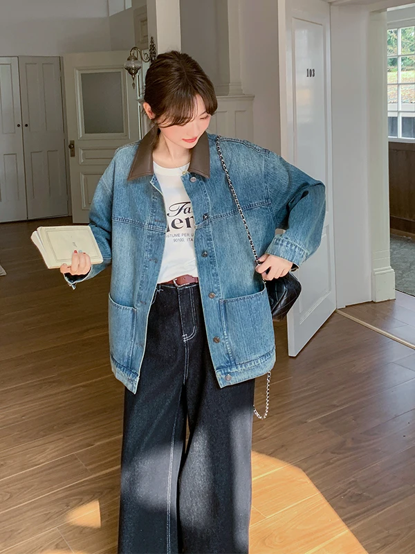 

Женская куртка из искусственной кожи с джинсовыми вставками, повседневная, весенне-осенняя, модная, в корейском стиле, для работы, с длинными рукавами