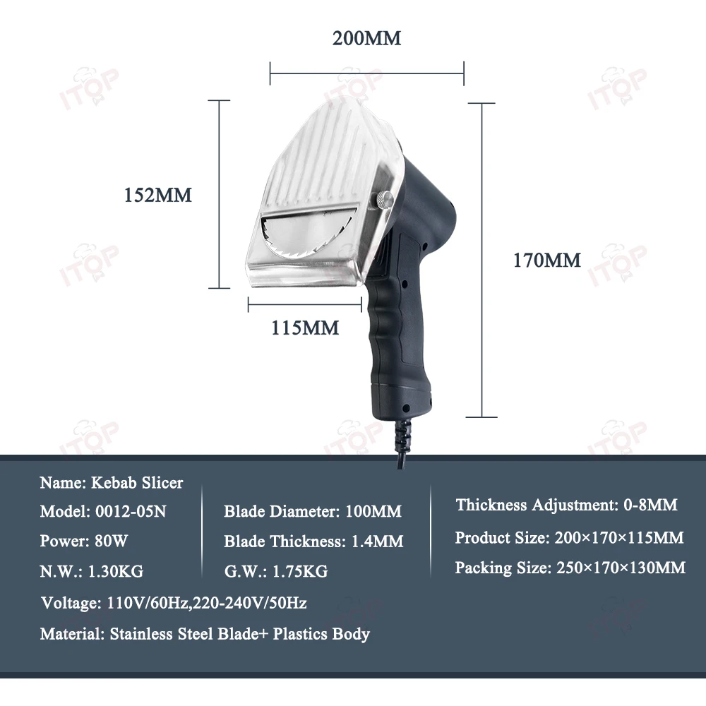 ITOP-tranche eléctrico de Kebab, máquina Shawarma, cuchillo, cortador de Doner Gyros con 2 cuchillas, herramientas de cocina de 110V/220V/240V