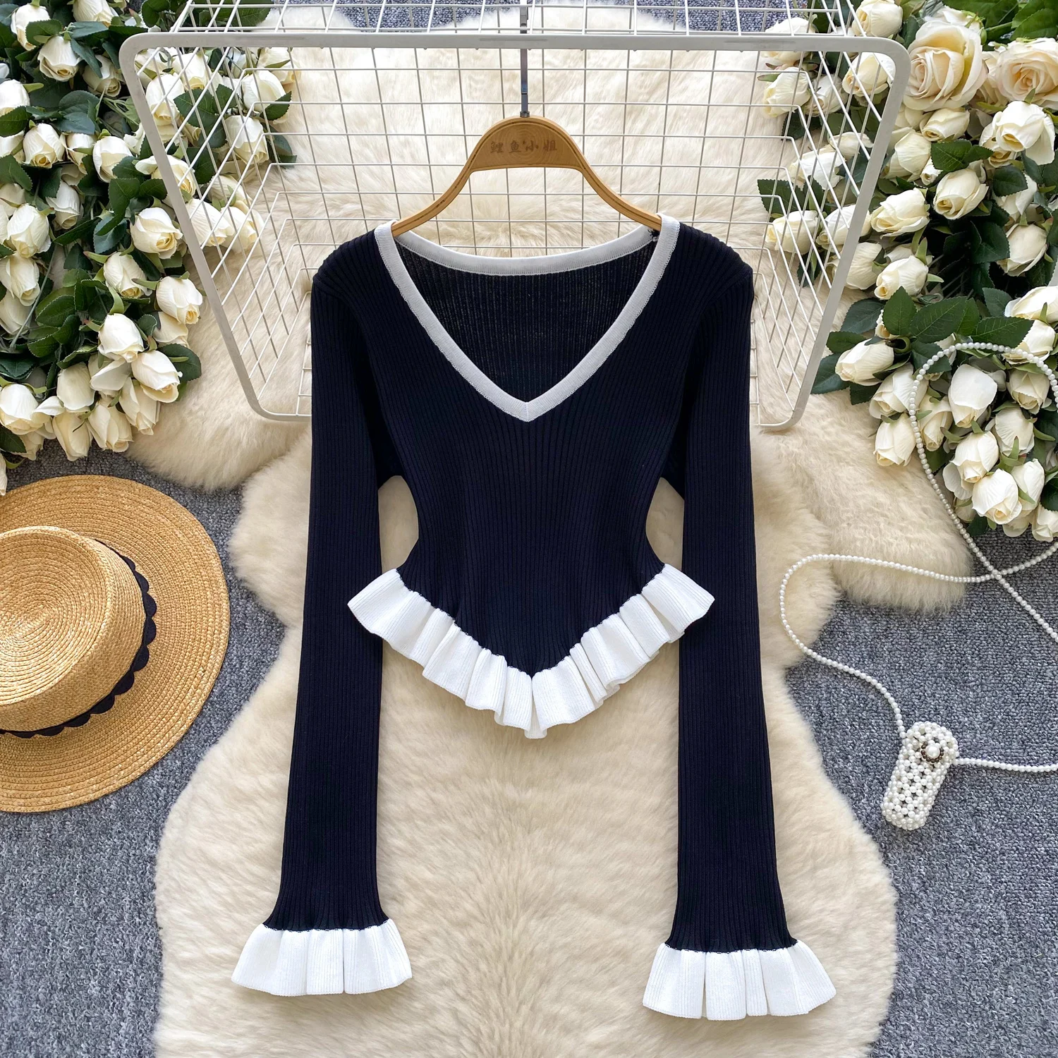 

2026 New Autumn Basic Women Big V-neck Elastic Flare Sleeve Knitted Sweater Hit Color Ruffles Spliced Elastic Slim Pullover Tops