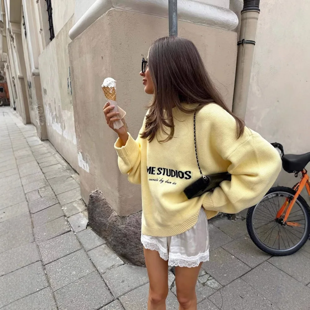 2026 new loose retro lazy wind letter sweater women's autumn and winter
