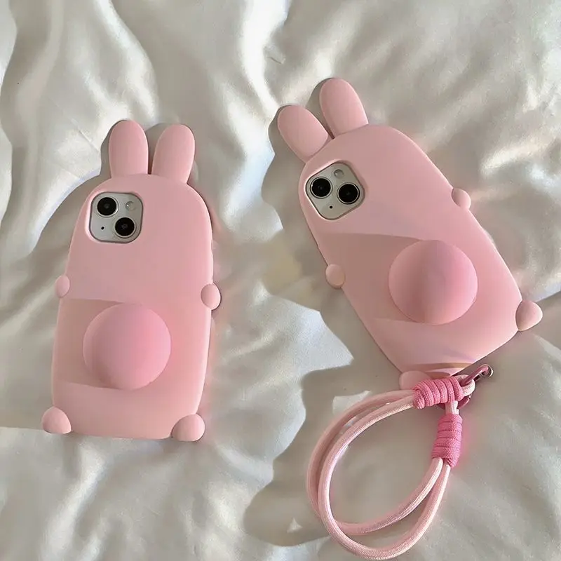 Phone Case For iPhone 16 15 14 13 Pro Max New Korean INS Cartoon 3D Pink Rabbit Shape Soft Protective Cover With Holder Lanyard