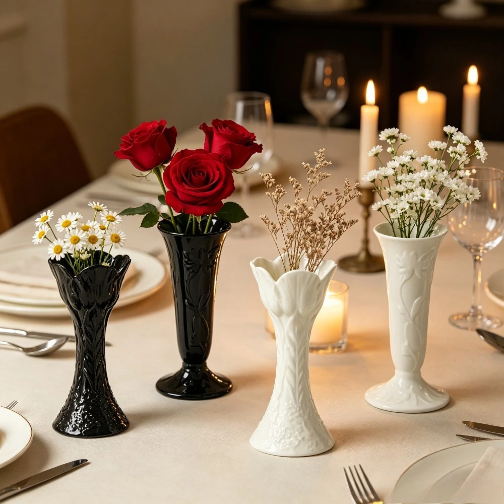 Embossed Floral Ceramic Vase White Flared Vase Vintage Style Tabletop Flower Vase for Home Living Room Wedding Centerpiece Decor