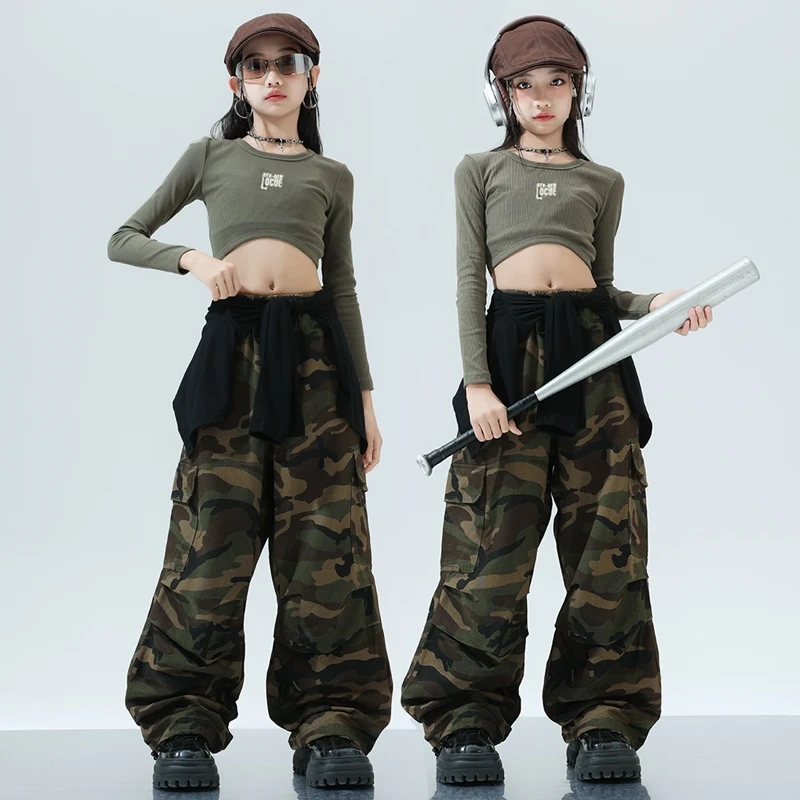 

Kids Jazz Dance Long Sleeve Top Camouflage Cargo Pants Outfits Hip-hop Suit Street Dance Clothes Catwalk Show Costumes DQL9585