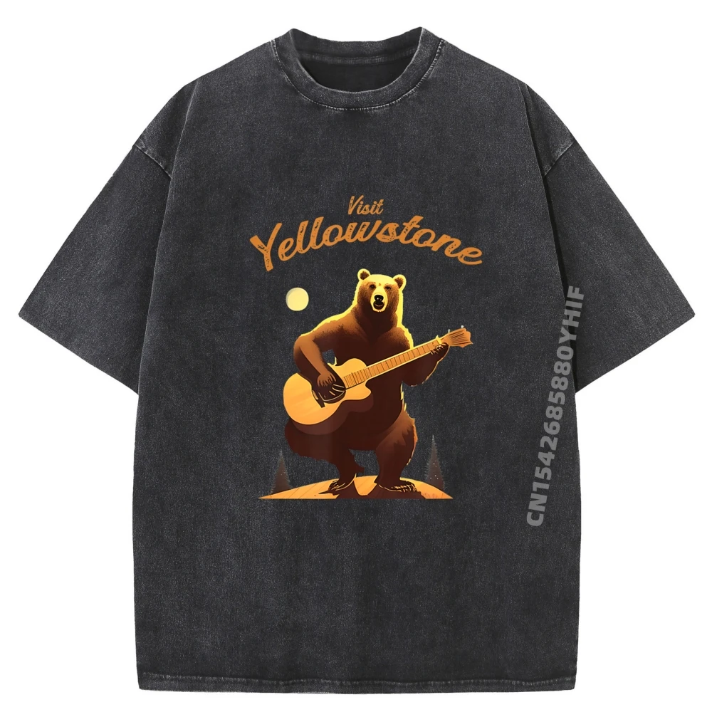 

Visit Yellowstone Bear Playing Guitar National Park Wildlife Graphic T Shirt Men Tee Retro washed Tops & Tees Big And Tall Vegan