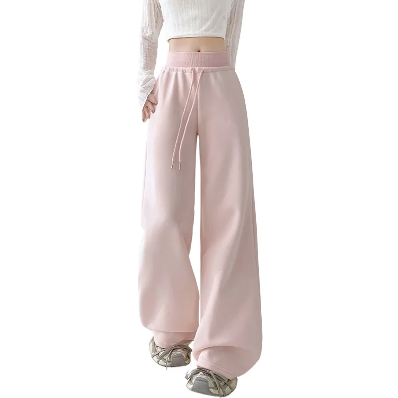 

Новые модные розовые широкие спортивные брюки женские корейские спортивные штаны на шнуровке с эластичной резинкой на талии женские однотонные повседневные брюки с карманами