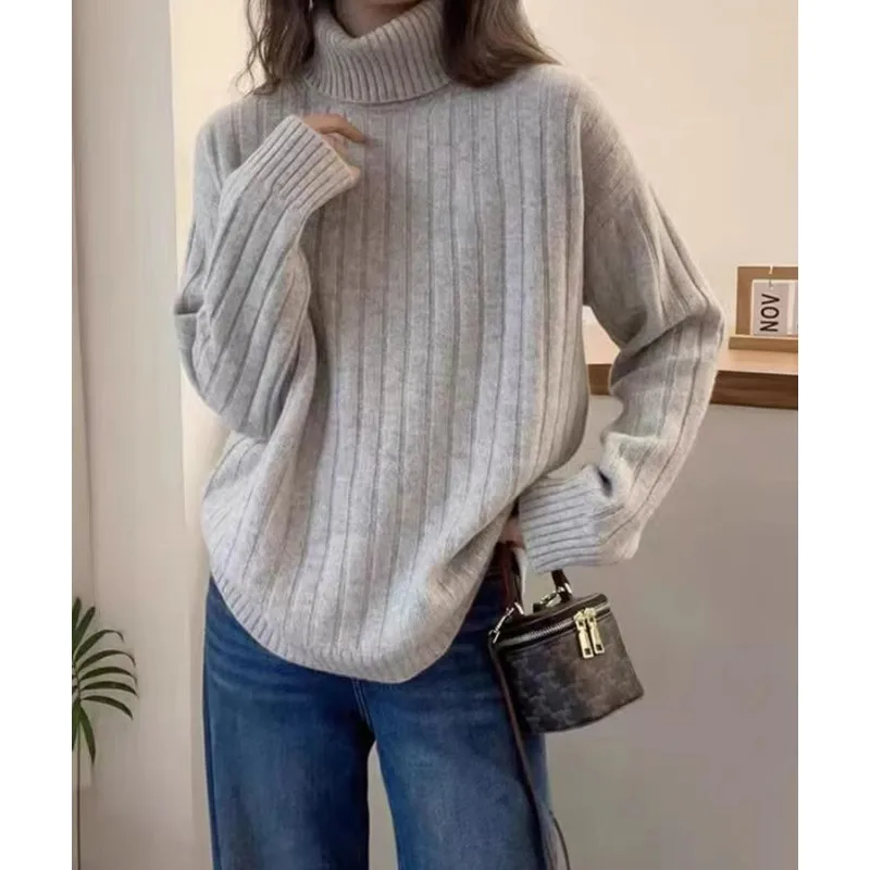 

Высококачественный свитер из чистого кашемира в европейском и американском стиле с высоким воротником, женский свободный и утолщенный вязаный шерстяной базовый свитер