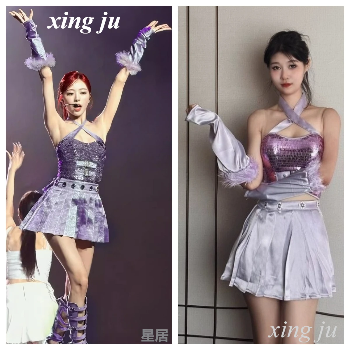 Nowa Kobieta Piosenkarka Kpop Fioletowe Cekiny Top na Ramiączkach Obcisła Plisowana Spódnica Strój Sceniczny Ubrania do Tańca Jazzowego Kostium dla Dziewczyny Tancerki Hip Hop