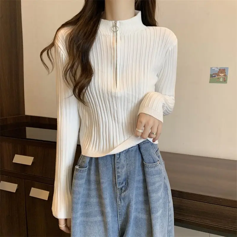 

Autumn Winter New Fashion Half High Neck Zipper Long Sleeve Solid Pullovers Women's Clothing Casual Youth Korean Knitting Tops