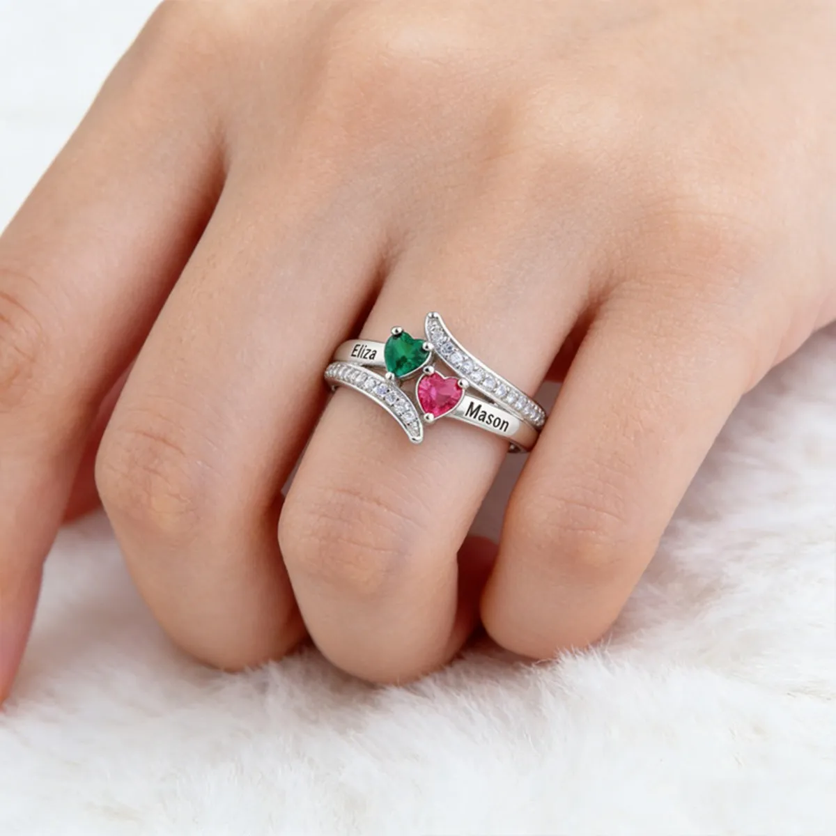 Personalisierter Ring mit Gravur und 2 Geburtssteinen für Mutter, Liebesversprechen-Ring, Individueller Namensring, Schmuck für Frauen und Ehefrauen – Detail 6