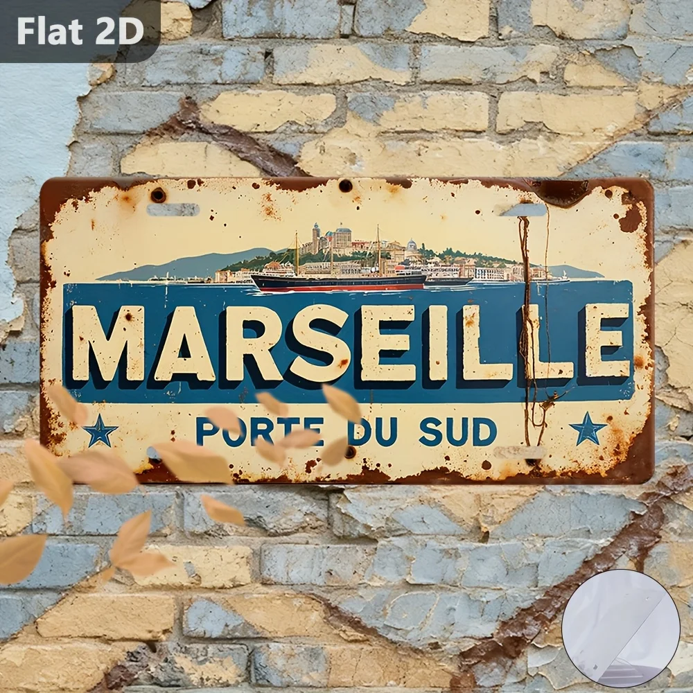 Placa de Arte de Parede Metálica 2D - 1 unidade, Estilo Vintage, Paisagem Costeira de Marselha, França - 30x15cm, Placa Retrô de Porto Francês com Acabamento Azul e Pintado