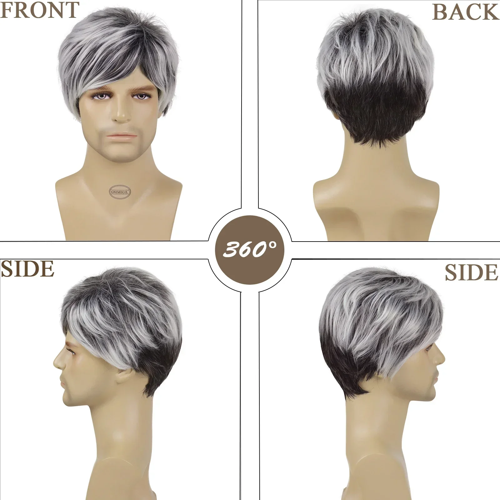 Synthetic Hair Wigs Short Haircuts Men Mix Grey Wig with Bangs Blanche Wig Older Man Cosplay Costume Wigs Ombre Gray Wig Male