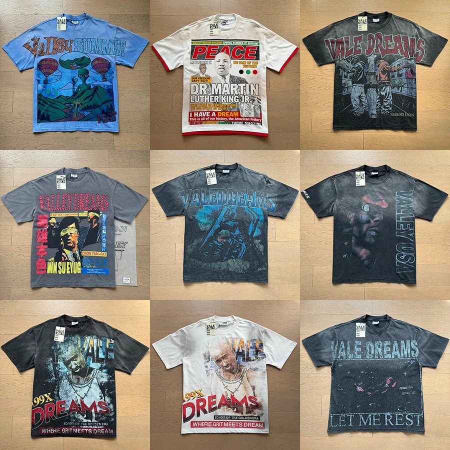 

Vale Valley T-Shirt Men Women Vintage Print American Street High-Street Trend Casual Summer Fashion Short Sleeve Tee