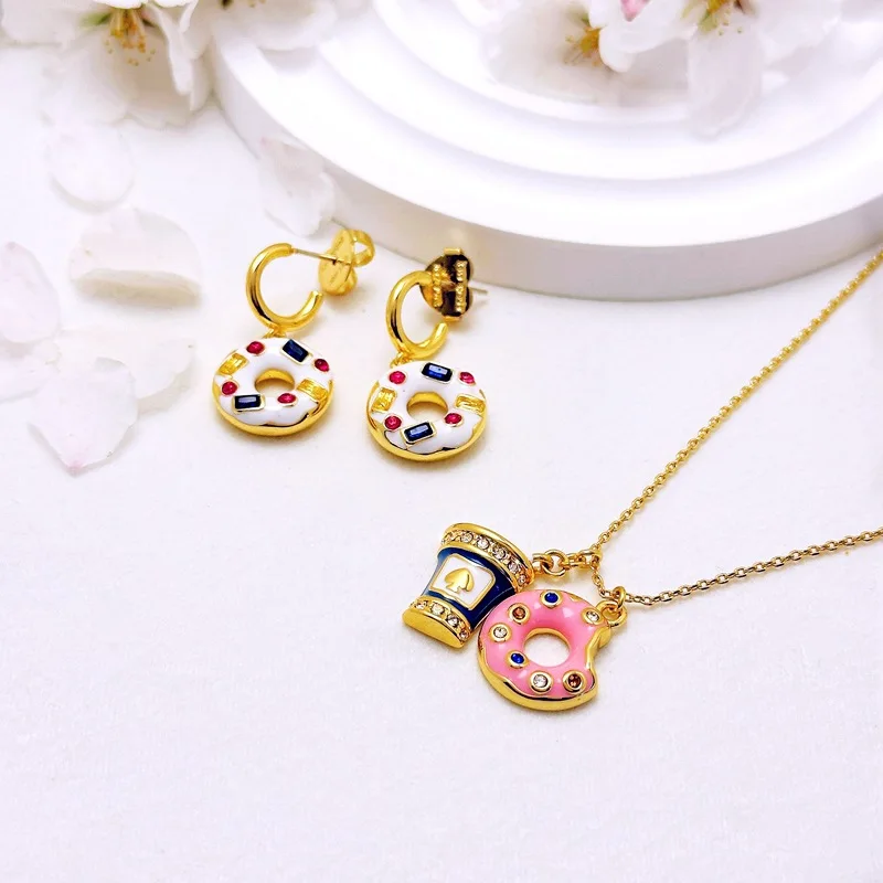 

French Fresh Sweet Romantic Asymmetrical Enamel Donut Coffee Cup Handmade Enamel Simple Necklace Earrings for Women Jewelry Sets