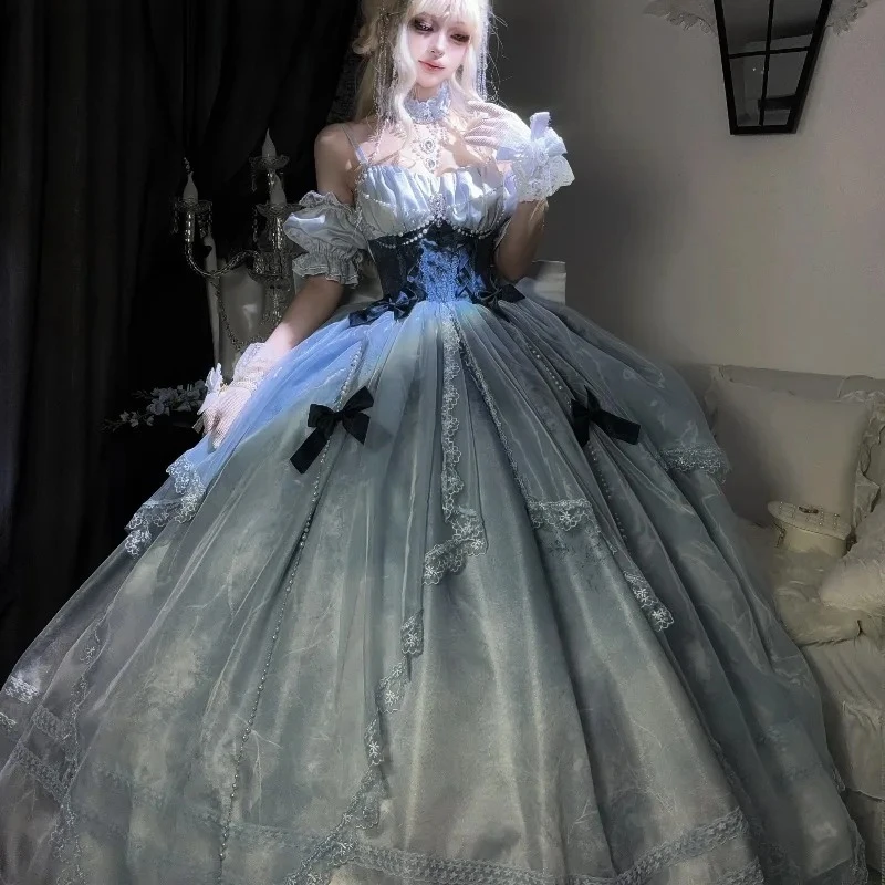 High Waist Slim Fit Blue Lolita Dress - Japanese Sweet Fairy Princess Costume, Long Puffy Evening Gown for Birthday Wedding 2026 view 5