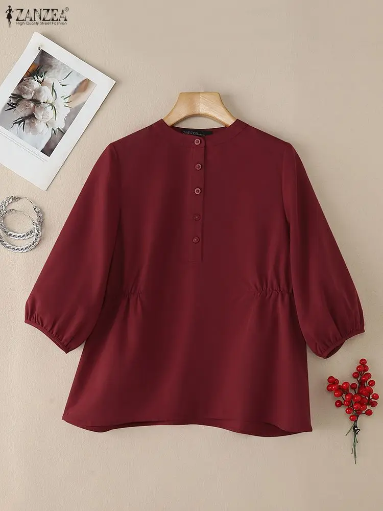ZANZEA Casual Chic Gathered Detail Blouses Women Spring 2026 O-Neck Half-Button 3/4 Puff Sleeve Solid Color Tops Woman Clothes