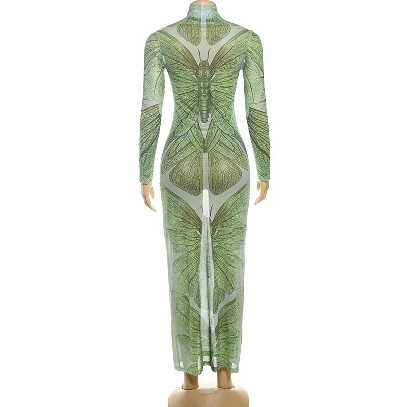 See Through Mesh Butterfly Print Maxi Dress Women Sexy Turtleneck Full Sleeve Bodycon Party Long Robe 2025 Autumn Clubwear