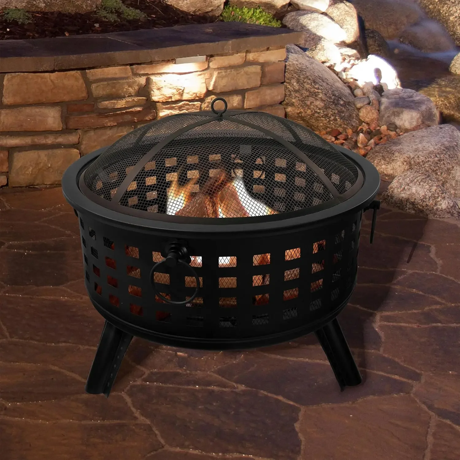 26-Inch Round Lattice Wood Burning Fire Pit - Outdoor Fire Pits with Screen, Poker, Grate, and Cover