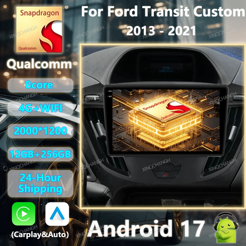 Android 17 Car Radio For Ford Transit Custom 2013 - 2021 Head Unit Carplay Auto GPS Multimedia Video Player BT 4G WIFI QLED 2DIN