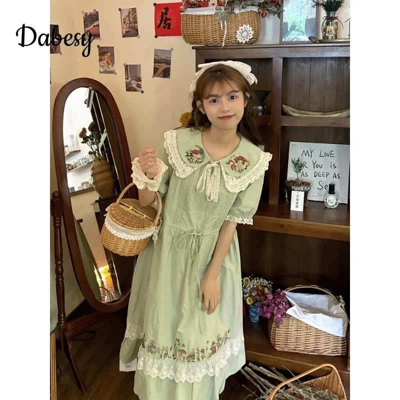 Vintage Peter Pan Collar Green Kawaii Dress Women Summer Japanese Mori Girl Lace-up A-linen Dress Female Casual Loose vestidos