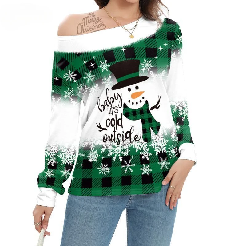 Long Sleeve Christmas T-Shirts for Women Snowman Wears Magic Hat Off Shoulder Shirts White Green Tee Xmas Tops Female Clothing