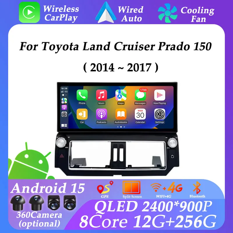 12,3 pulgadas para Toyota Land Cruiser Prado 150 2014 - 2017 Android 15 Radio de coche reproductor Multimedia de vídeo WiFi navegación GPS BT DSP