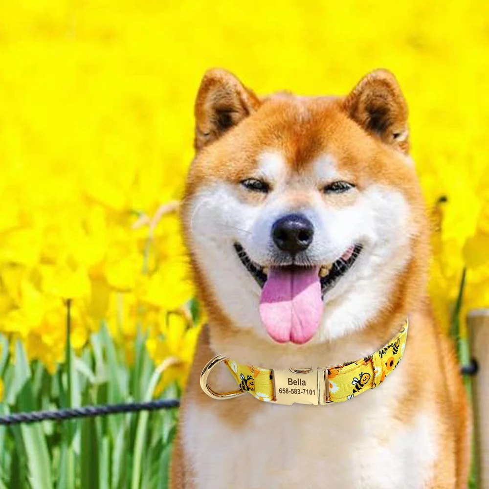 Personalisiertes Nylon-Hundehalsband mit Blumen- und Biene-Aufdruck, Welpenhalsbänder, kostenlose individuelle Haustier-ID-Halskettenhalsbänder für kleine große Hunde, Chihuahua – Detail 14