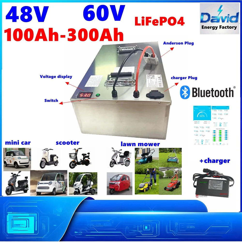 

48В 60В 100Ач-300Ач ﻿ Скутер Go тележка газонокосилка трехколесный велосипед EVForklift LiFePO4 аккумуляторная батарея глубокого цикла мини EV + зарядное устройство
