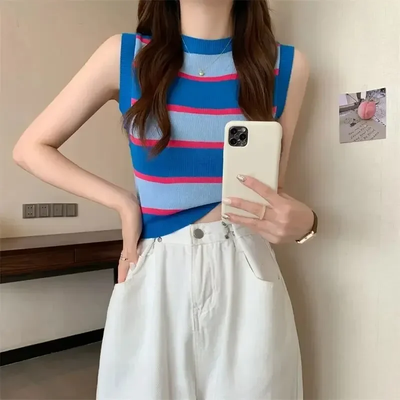 Ice Silk Sleeveless Color Block Knitted T-Shirt Vest Women Summer Chic Elastic High Waist Thin Version Short Slim Fit