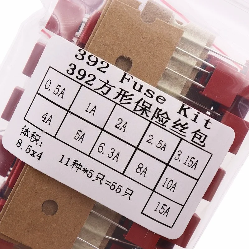 392 Square Fuse Kit 55Pcs 11 Values x 5Pcs 250V Slow-Blow Time-Lag Assortment for Electronics Repair